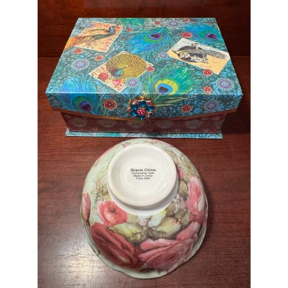 Vintage Gracie China Rose Pattern Bowl In Beautiful Peacock Pattern Gift Box - Picture 3 of 8
